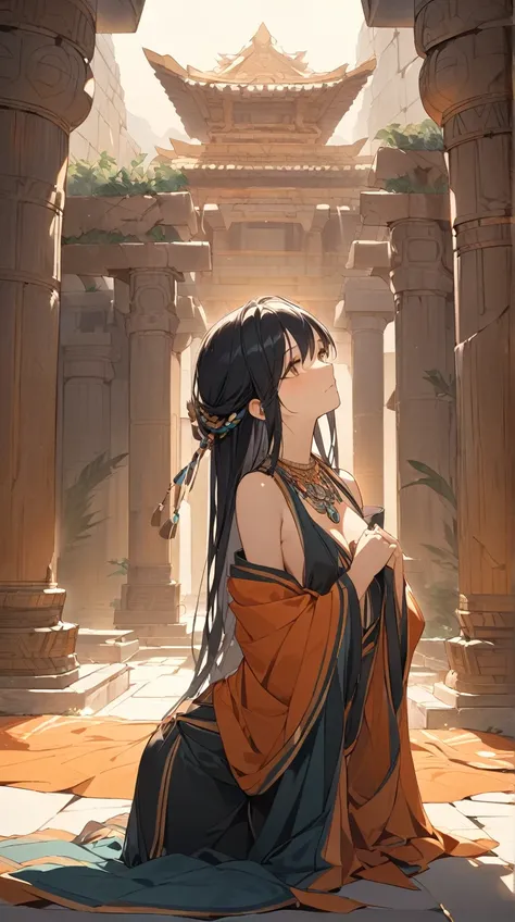 One Girl、Mysterious Smile、Long black hair、Ancient costume、Decorated Necklace、Graceful posture、Dreamy Eyes BREAK Ancient Temple、(Soft Light):1.3、Warm colors、Mysterious atmosphere、The weight of history、Calm space BREAK Collapsed stone pillar、Mossy wall、The d...