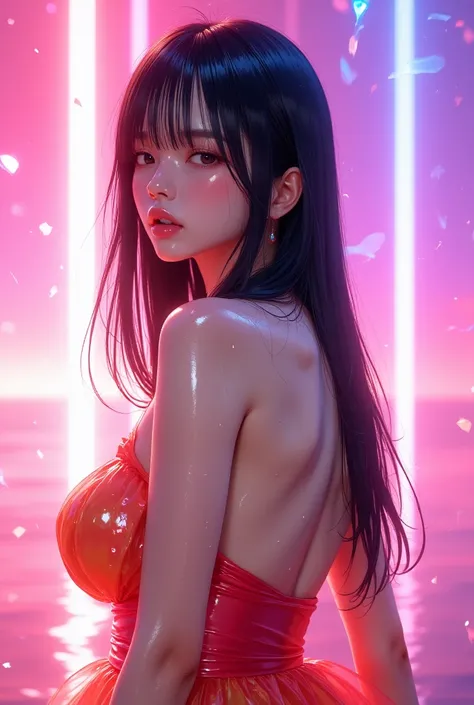 (masterpiece), best quality, ultra high res, photon mapping, physically-based rendering, cinematic lighting, intricate, High Detail, Sharp focus, dramatic, photorealistic, A beautiful woman in a colorful rainbow theme gradient dress, bright colors, high sa...