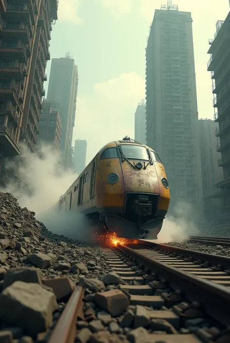 Diagonal photo of a dirty train, rusty bullet train in a post-apocalyptic city with tall skyscrapers and shattered windows, There are many ruined buildings around and in the background., He is passing between destroyed houses and ruined buildings, , He is ...