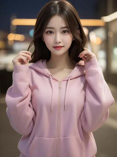 Whole body 1.9, Highest quality, shape, Very detailed, finely, High resolution, 8k wallpaper, perfect dynamic shape, Beautiful and beautiful eyes, The costume is a pink hoodie..9,　Straight hair,Small breasts、Natural Color Lip, Bold sexy pose,smile、20-year-...