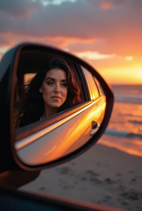 1 side mirror, beautiful woman with black wavy hair reflected only in side mirror, view in side mirror with dazzling sunset background, reflection in side mirror. Next to reflecting ocean, summer environment, during sunset, sunset reflection, clear view, a...