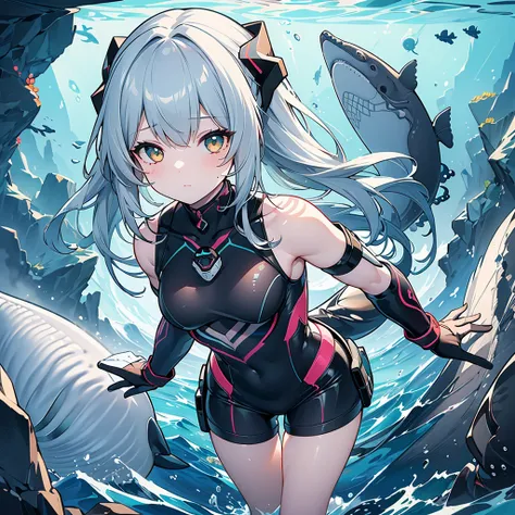 (masterpiece, Best Quality, Ultra-detailed, Best Shadow), (beautiful detailed face:1.3),(Alone), (family_Friendly:0.8),High Contrast, Ultra-high resolution,(A girl under the deep sea:1.6),(Diving and whale encounters:1.3),whole body, Diving Suit,refract Li...