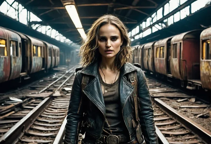 Create a distant, diagonal position and a faithful full-length image of Natalie Portman sad, brava,  and dirty and bruised face, wide and sensual neckline, long hair spread out, with ripped and dirty Mad Max style clothes, 18 years old, wearing a big dirty...