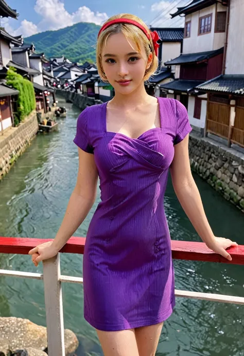 1 woman, adult woman, woman in her 30s, tarankaaa, NOT DASHA TARAN, full body standing, full body head to feet, perfect body, best quality, 32k, photograph, full body (head to toe), tone mapping, ((houjou satoko,short hair,black hairband,blonde hair,violet...