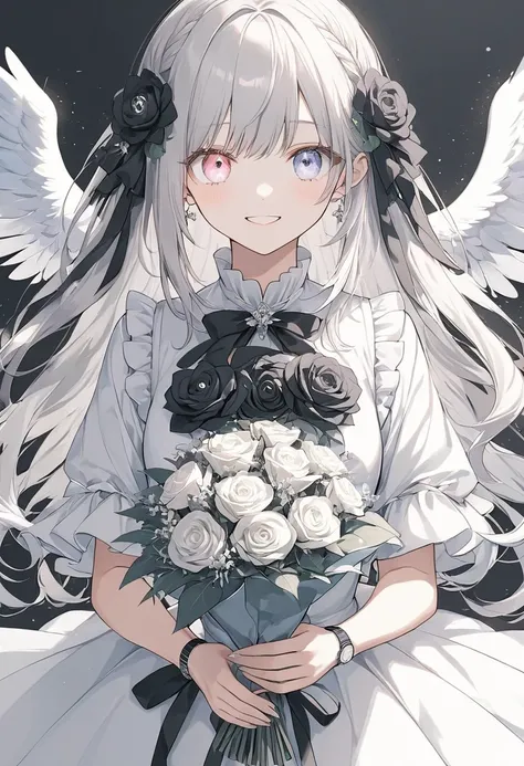 A smiling woman,pastel,smile,happiness,Monotone Base,Heterochromia iridis,Black Eyes,(White Eyes),Sparkling eyes, two-tone hair,(Black and white),((1：Percentage of 1)),Long Hair,Wear a dress,Holding a bouquet,Black Flower,Hold with both hands,A masterpiece...