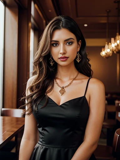 photography of a stunning girl, wearing a black date dress, wavy hair, standing at fancy reastaurant table, symmetrical eyes, symmetrical face, photorealistic, photography, path tracing, specular lighting, volumetric face light, path traced hair, visible s...