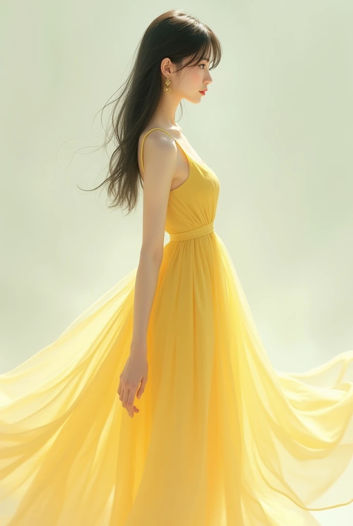 A Korean woman with straight hair, green eyes and white skin wearing a yellow chiffon dress on a stick 