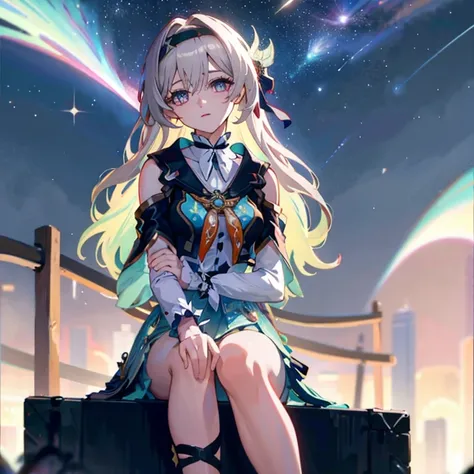 1 Girl, this (Collapse: Star Trails), Detachable sleeves, High heel, High waist skirt, Sleeveless shirt, ID card, Outer Skirt, Anklets, Thigh strap, bracelet, Hairpin, belt, Neck bow, choker necklace, Starry Sky, Sitting, Yokozuwari, look up, meteor, outdo...