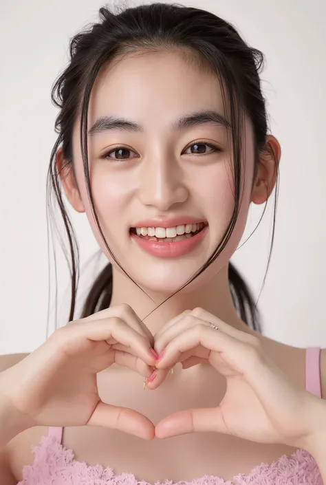 High image quality, 32K, Extremely precise and accurate anatomy, masterpiece, Realistic, Very detailed, photograph, High resolution, ((Heart shaped hands:2.78, Cute Hairstyles)), Smoother light, Official Art, Written boundary depth, Bright light, Detailed ...