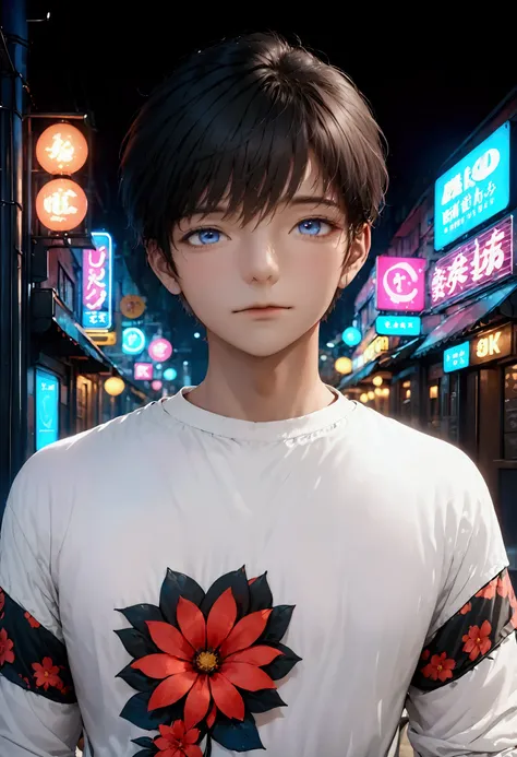 Outdoors, black mature male, wearing black and red floral shirt, wearing black dress pants, blue eyes, glowing eyes, short hair, grey skin, club environment, night, blue neon signs, 8k, Unreal engine, highly detailed, photorealistic, 