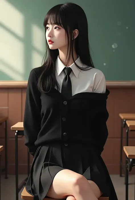 Chinese woman, long straight hair, thick flat bangs, collared shirt, black off shoulder loose collar sweater with white long sleeve buttoned shirt on the inside, necktie, black skirt, classroom, sitting on desk, crossed legs, hands behind the back