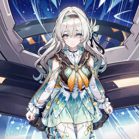 1 Girl, this (Collapse: Star Trails), Detachable sleeves, High heel, High waist skirt, Sleeveless shirt, ID card, Outer Skirt, Anklets, Thigh strap, bracelet, Hairpin, belt, Neck bow, choker necklace, Starry Sky, Sitting, Yokozuwari, look up, meteor, outdo...