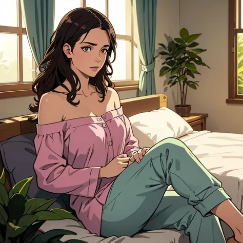 (photorealism:1.2), beautiful woman, sitting on bed, wearing loose off-shoulder top, pajama pants, long curly hair, indoors, soft lighting, plants in background, window with sunlight, cozy room, relaxed pose, realistic, intricate details, warm colors, by G...