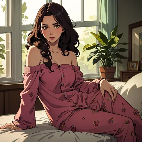 (photorealism:1.2), beautiful woman, sitting on bed, wearing loose off-shoulder top, pajama pants, long curly hair, indoors, soft lighting, plants in background, window with sunlight, cozy room, relaxed pose, realistic, intricate details, warm colors, by G...