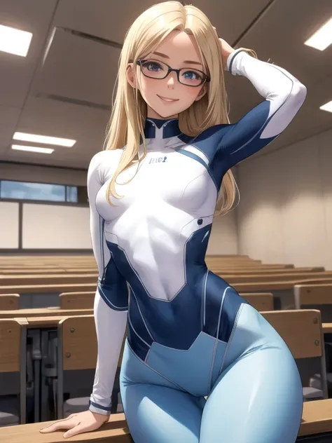 valeria richards, light blonde,smile, masterpiece, best quality, HDR, petite,skinny abs,ribs,bubblebutt,thin waist,thigh gap,wearing glasses, university lecture hall background,blue skin tight tights