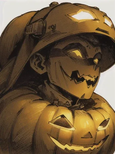 ((masterpiece, highest quality, very detailed: 1.5), black and white, ((sepia)), ((pencil drawing)), ((Jack-o-Lantern Anthropomorphic)),Boy wearing a big pumpkin, ((Big Pumpkin Helmet: 1.5)), big pumpkin face, ((Giant Pumpkin Mask)), plants, food