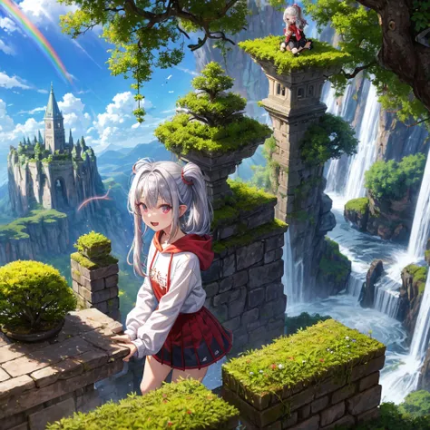 Rainbow red and silver hair、Rainbow Eyes、Wavy Hair、Hair tied up、Two cute、Checked mini skirt、Black T-shirt、Long sleeve、wearing a hood、Black knee-high socks、Teeth are visible、Ice Castle、Tilting face、lawn、In front of the city gate、The stone is cracked、Uneven ...