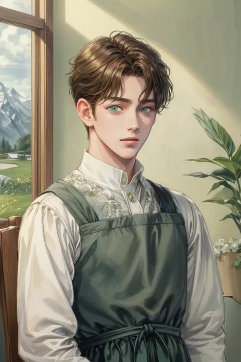 (Absurd, High resolution, Simple Details, High resolution), A simple masterpiece, Best Quality, 1. Boy , short hair, Handsome face, Anime Eyes, Anne of Green Gables characters, Male version, Simple interior, Gnostic Landscape 