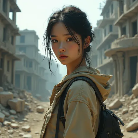 High resolution, Very detailed, Textured skin, One girl, A very attractive teenage girl from Japan, In the background are the ruins of a desolate city、Dusty clothes