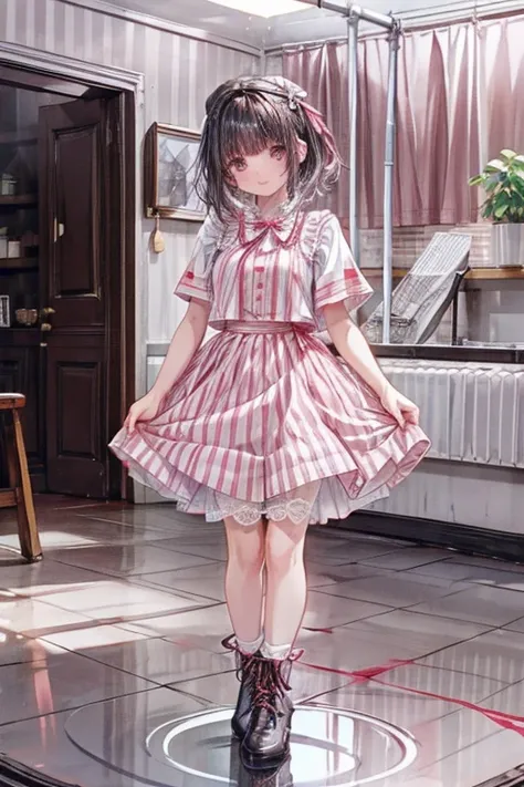 1girl, solo, cute, Masterpiece, Black Hair, Bangs, Short Hair, Smile, Pink Eyes, Happy, Light Smile, Bloom, Caustics, Optical Illusion, Ray Tracing, Reflection Light, From Below, Full Body, white short sleeve blouse with ribbon, pink stripe pleats skirt, b...