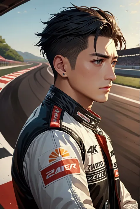 Japanese,23-26, Handsome man,  fair skin, black eyes（thin eyes 1：3), (Super detailed, best quality, 4K, 8k, High resolution, masterpiece:1.3) racing jacket, background is racing track, undercut hairstyles 