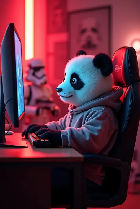 A Cute panda (animal) while playing on his computer. Has a gamer office with red lights in the background. He is sitting in a gaming chair. He has a sweatshirt. Star Wars things for decoration. Estilo Ghostmix.