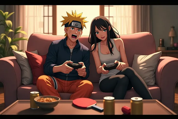 Naruto et Tifa nus sur un canapé dans le salon, jouent aux jeux vidéo, ils rient. Sur la table basse, devant eux, il y a des ramen, des canettes de bière, une raquette de ping-pong. Image réaliste, magnifique lumière, textures détaillées