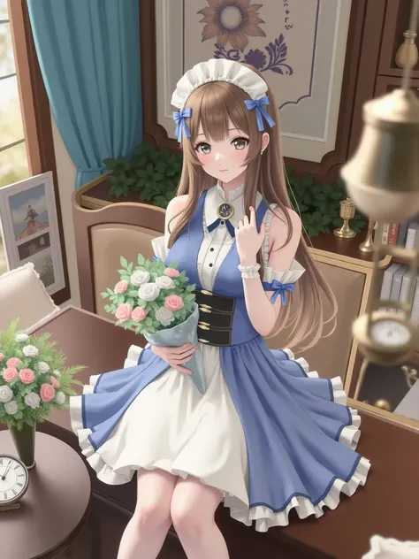 1girl, solo, long hair, looking at viewer, blush, bangs, brown hair, dress, bow, ribbon, holding, brown eyes, sitting, very long hair, flower, short sleeves, frills, detached sleeves, sleeveless, socks, indoors, wrist cuffs, kneehighs, maid headdress, wind...