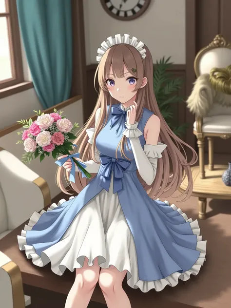 1girl, solo, long hair, looking at viewer, blush, bangs, brown hair, dress, bow, ribbon, holding, brown eyes, sitting, very long hair, flower, short sleeves, frills, detached sleeves, sleeveless, socks, indoors, wrist cuffs, kneehighs, maid headdress, wind...