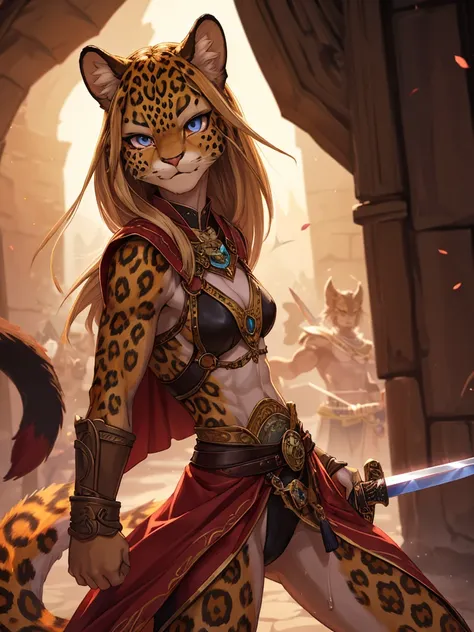 Beastman adventure fantasy, female leopard, warrior, slim , (muscular:0.8) , Sword Dance
, ( soft focus , Shallow focus , soft light) , Mature , Euphoria , glossy lips , moist eyes , coquettish , bold action , flasher , Insane , fabulous , sensational , fu...