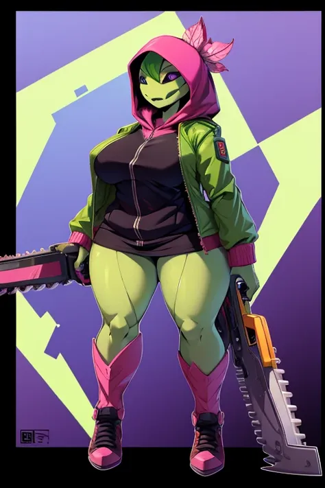 absurdity, high resolution, ultra detailed,
female floran,plus size jacket with hood,whole body,
holding a mechanical chainsaw,