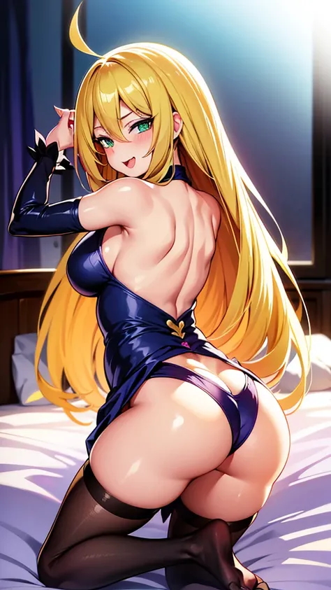 1 girl, Solo,Long hair, Look at the audience, smile, Open your mouth, Blonde hair, Green eyes, open mouth, Bedroom Tongue,thigh highs,sleep dress for not sleep บางมาก,Big Breasts, sexting,Dark Magician Girl,Yu Gi Oh!,heart eye,Show your belly,Post a sexy p...