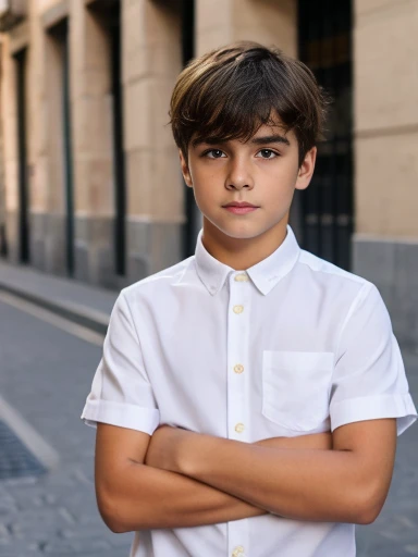 , image in 8k or higher of a boy, ,  Spanish boy ,short hair,  on the streets of Madrid, Spain with a shirt