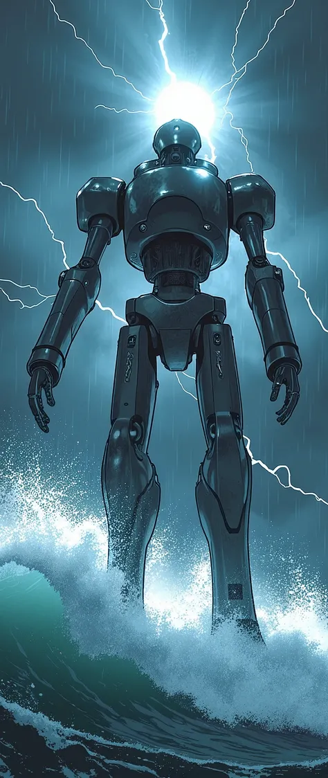 (masterpiece:1.2,Superior Quality,Mirror finish,Cinematic Experience,Best illustrations:2.0),8k,wallpaper,(A lighthouse-shaped quadruped robot lights up the sea:2.0),(The background is heavy rain and lightning:2.0),(From below:2.0),(From below:2.0),(dynami...