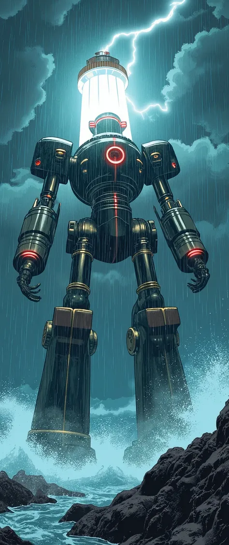 (masterpiece:1.2,Superior Quality,Mirror finish,Cinematic Experience,Best illustrations:2.0),8k,wallpaper,(A bipedal lighthouse robot lights up the ocean:2.0),(The background is heavy rain and lightning:2.0),(From below:2.0),(From below:2.0),(dynamic:2.0),...