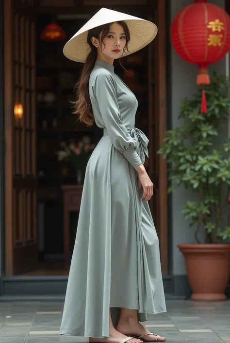 A beautiful 40-year-old woman, Beautiful white skin, 167 cm tall.,Long wavy hair tied up,Wearing a gray dress and a cream-colored narrow-brimmed hat.,Women&#39;s low-heeled open-toed shoes,Pose for a photo in front of an oil massage shop.