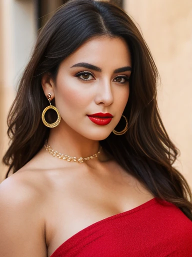 , image in 8k or higher of a beautiful woman Spanish woman brunette hair,  on the streets of Madrid, Spain with a sleeveless bare-shoulder blouse, red lips, earrings, necklace, bracelets 