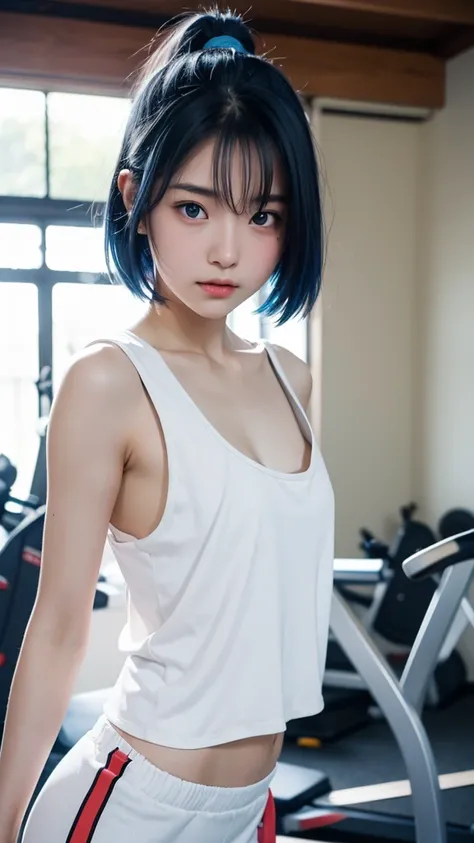 Beautiful white Japanese girl wearing a loose tank top with wide neckline and armholes, short pants, bending over to exercise, sweating, sweaty clothes, in the gym, chest, High resolution, Masterpiece, Short hair, Blue hair, Shortness of breath, 