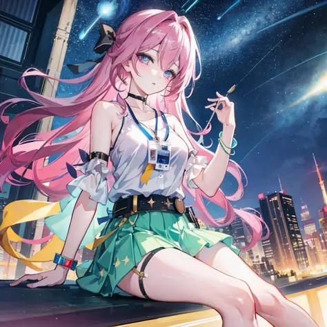 1 Girl, this (Collapse: Star Trails), Detachable sleeves, High heel, High waist skirt, Sleeveless shirt, ID card, Outer Skirt, Anklets, Thigh strap, bracelet, Hairpin, belt, Neck bow, choker necklace, Starry Sky, Sitting, Yokozuwari, look up, meteor, outdo...