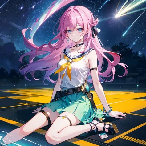 1 Girl, this (Collapse: Star Trails), Detachable sleeves, High heel, High waist skirt, Sleeveless shirt, ID card, Outer Skirt, Anklets, Thigh strap, bracelet, Hairpin, belt, Neck bow, choker necklace, Starry Sky, Sitting, Yokozuwari, look up, meteor, outdo...