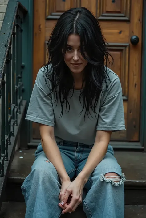 Professional photography, wearing a gray oversized t-shirt with a stretched collar, old faded jeans, she has messy long wave black hair, big large breast, she looking down, she is sad, she is sitting on the  stairs around the wooden door on raining day on ...