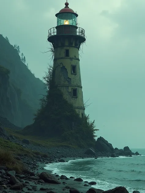 a broken and dilapidated lighthouse on a desolate, post-apocalyptic coastline, the structure cracked and crumbling, with wild vegetation sprouting through the fractures, the surrounding rocks littered with debris and ruins, the polluted ocean waters darken...