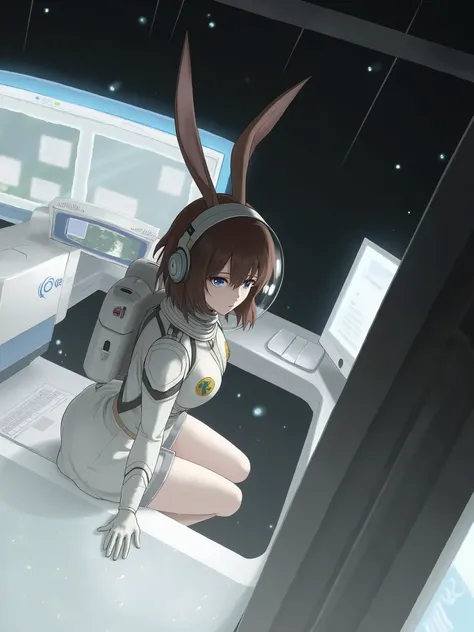 1girl, solo, looking at viewer, short hair, bangs, blue eyes, brown hair, gloves, long sleeves, animal ears, closed mouth, rabbit ears, space, computer, monitor, planet, laptop, earth (planet), spacesuit, space helmet, astronaut, Anime style, from girls fr...