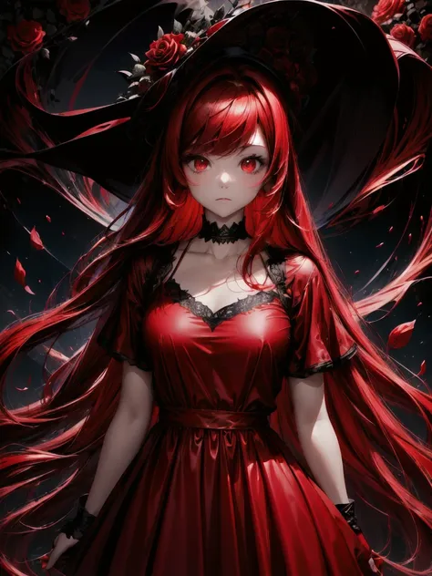 rose, red dress, red hair, red eye, red down