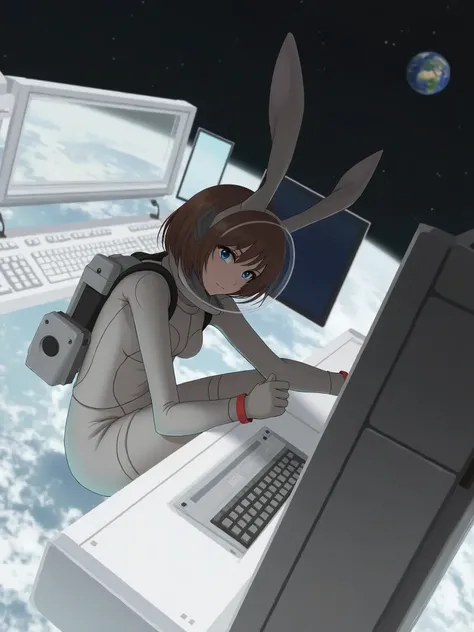 1girl, solo, looking at viewer, short hair, bangs, blue eyes, brown hair, gloves, long sleeves, animal ears, closed mouth, rabbit ears, space, computer, monitor, planet, laptop, earth (planet), spacesuit, space helmet, astronaut, Anime style, from girls fr...