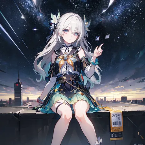 1 Girl, this (Collapse: Star Trails), Detachable sleeves, High heel, High waist skirt, Sleeveless shirt, ID card, Outer Skirt, Anklets, Thigh strap, bracelet, Hairpin, belt, Neck bow, choker necklace, Starry Sky, Sitting, Yokozuwari, look up, meteor, outdo...