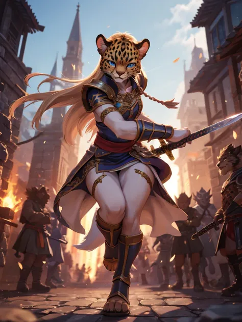 Beastman adventure fantasy, battle scene , female leopard, warrior, slim , (muscular:0.8) , (Sword Dance) , Demonstration , Low center of gravity , (motion blur) , Stomp your feet
, ( soft focus , Shallow focus , soft light) , Mature , Euphoria , glossy li...