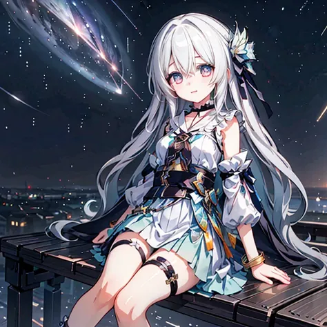 1 Girl, this (Collapse: Star Trails), Detachable sleeves, High heel, High waist skirt, Sleeveless shirt, ID card, Outer Skirt, Anklets, Thigh strap, bracelet, Hairpin, belt, Neck bow, choker necklace, Starry Sky, Sitting, Yokozuwari, look up, meteor, outdo...