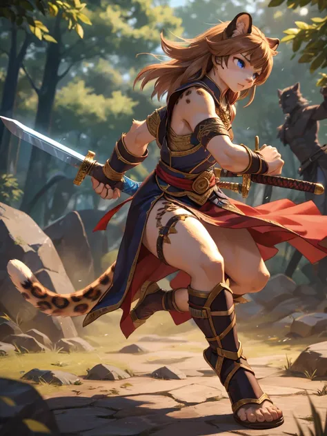 Beastman adventure fantasy, battle scene , female leopard, warrior, slim , (muscular:0.8) , (Sword Dance) , Demonstration , Low center of gravity , (motion blur) , Stomp your feet
, ( soft focus , Shallow focus , soft light) , Mature , Euphoria , glossy li...