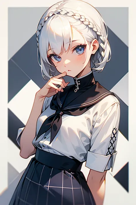 Short white hair, , Navy and white checked outfit、Braiding、Excellent